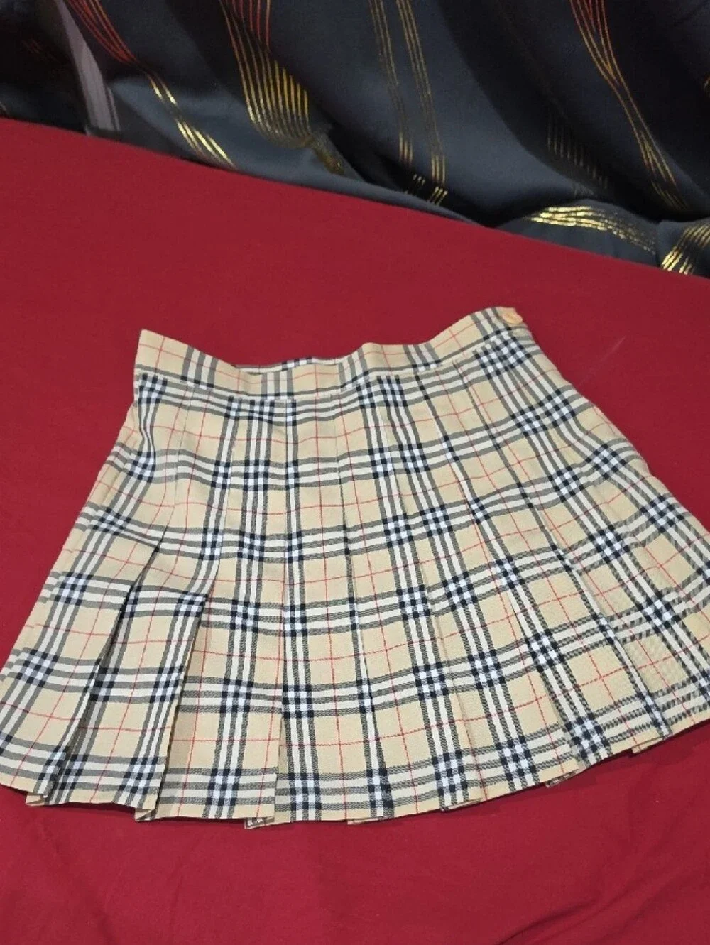 Studio Beige Plaid Pleated Mini Skirt
